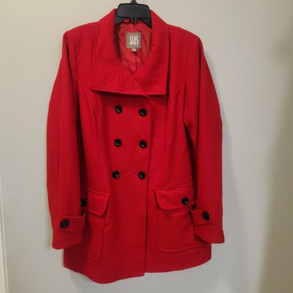 Roz & Ali Jackets & Blazers - Roz & Ali Red Wool-Blend Coat‎ Women’s 1X  Classic Double-Breasted Preppy Casual